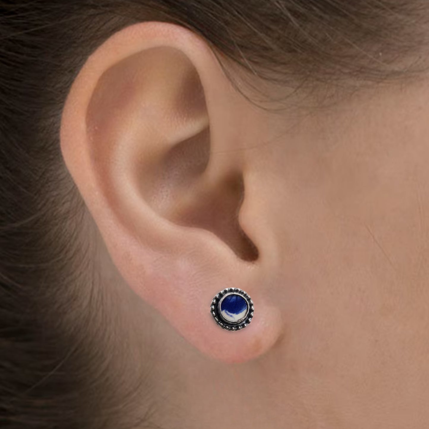 Handmade Delft blue stud earrings in sterling silver