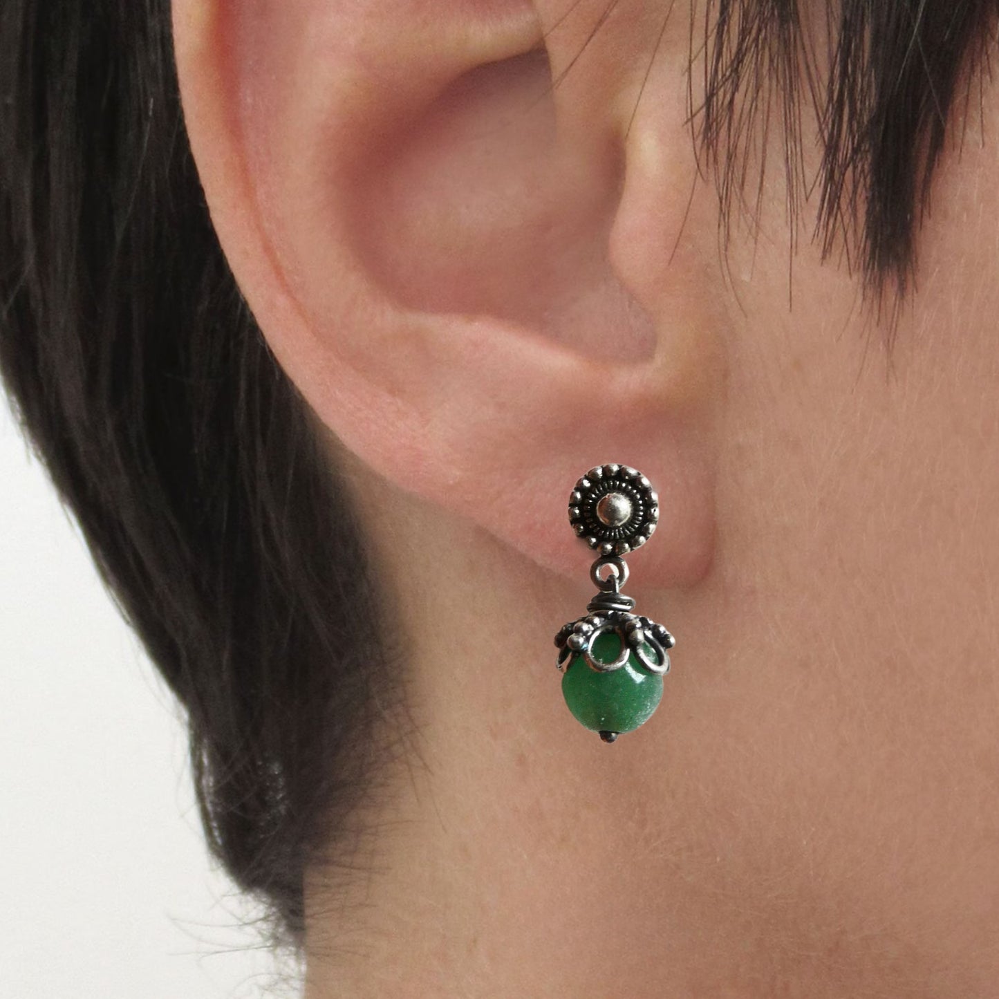 Genuine silver stud earrings with green Onyx – handmade earrings