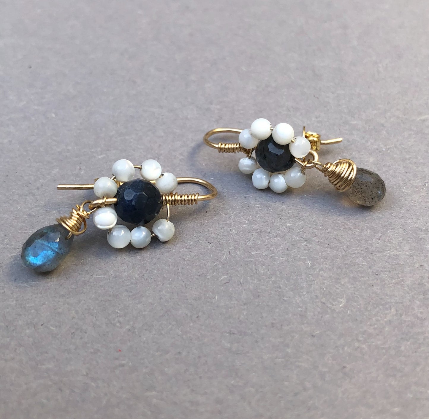 14k Goldfilled flower earrings with Spectrolite and Labradorite