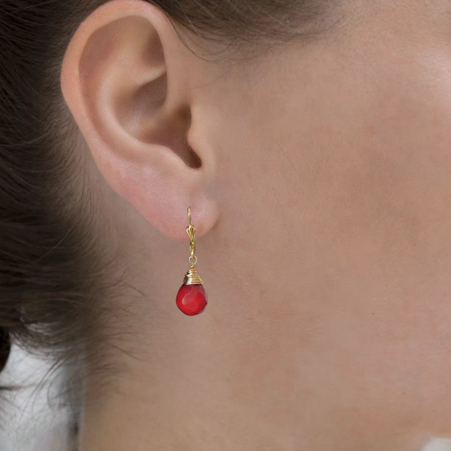 14k Gold-filled earrings with a red Cornelian drop – elegant and handmade