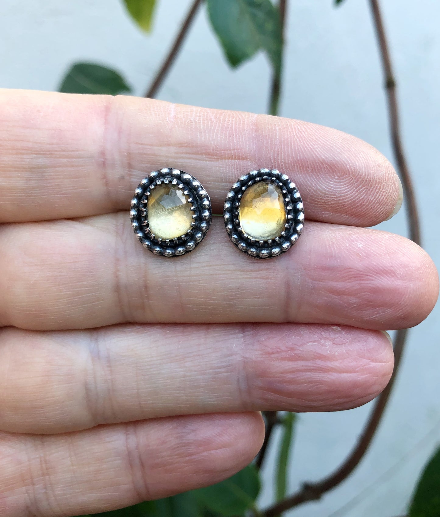 Vintage Citrine Stud Earrings in Oxidized Silver