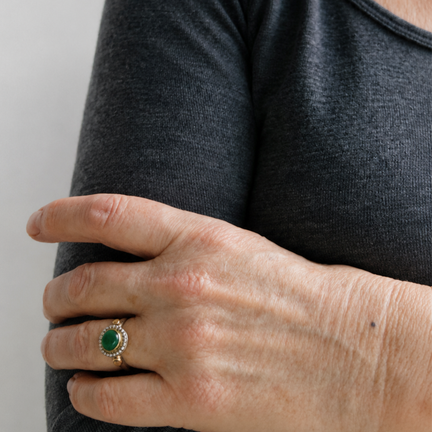 14kt gold and silver handmade ring with green Jade