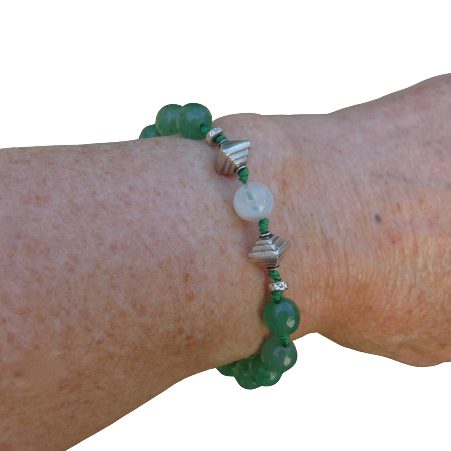 Zilveren natuurstenen armband met groene jade en maansteen