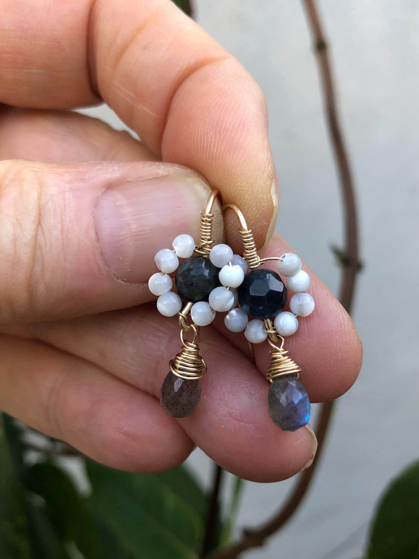 14k Goldfilled flower earrings with Spectrolite and Labradorite