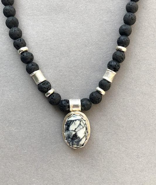 Men's Necklace with Lava Beads and Porcelain Jasper Pendant