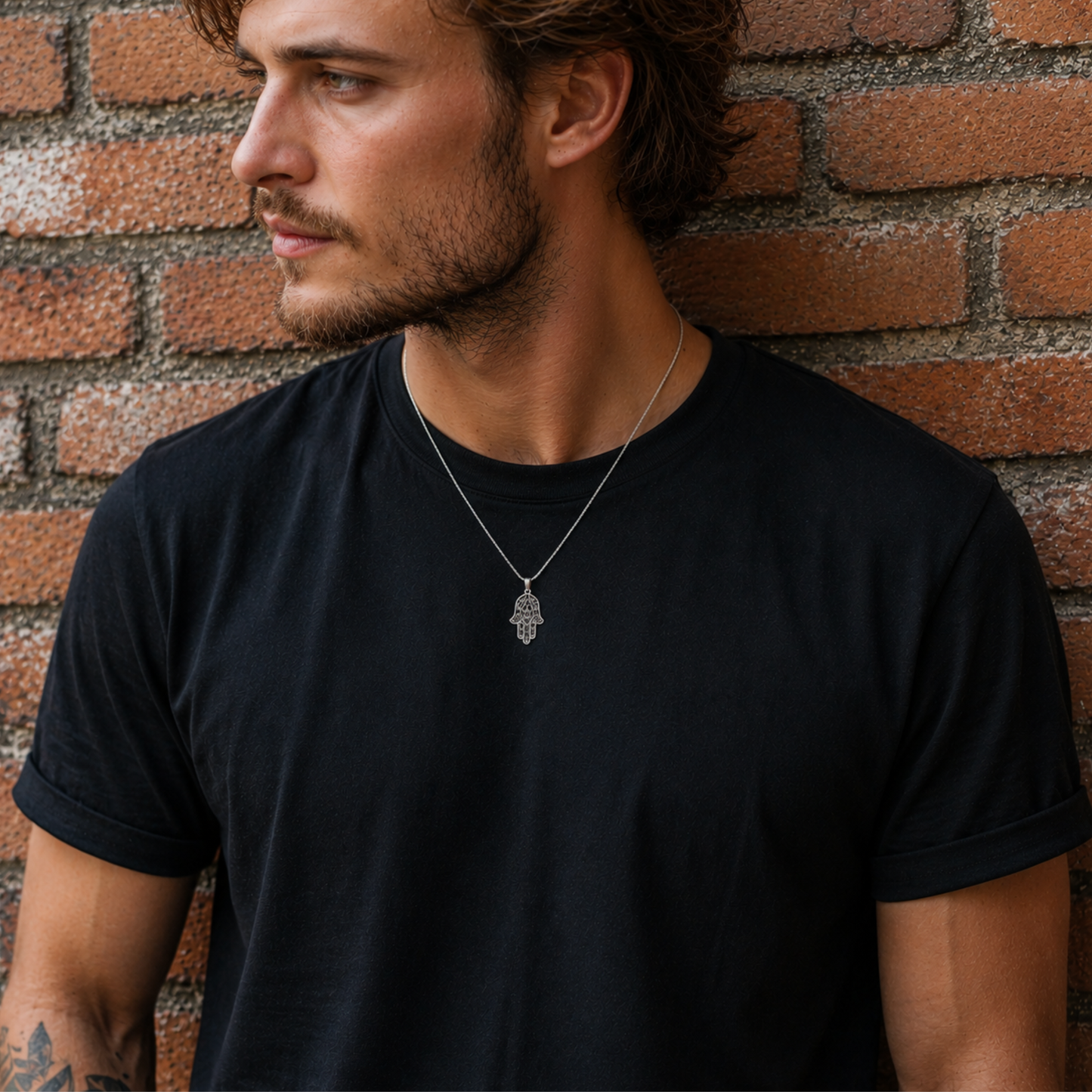 Zilveren heren ketting met Hamsa hanger