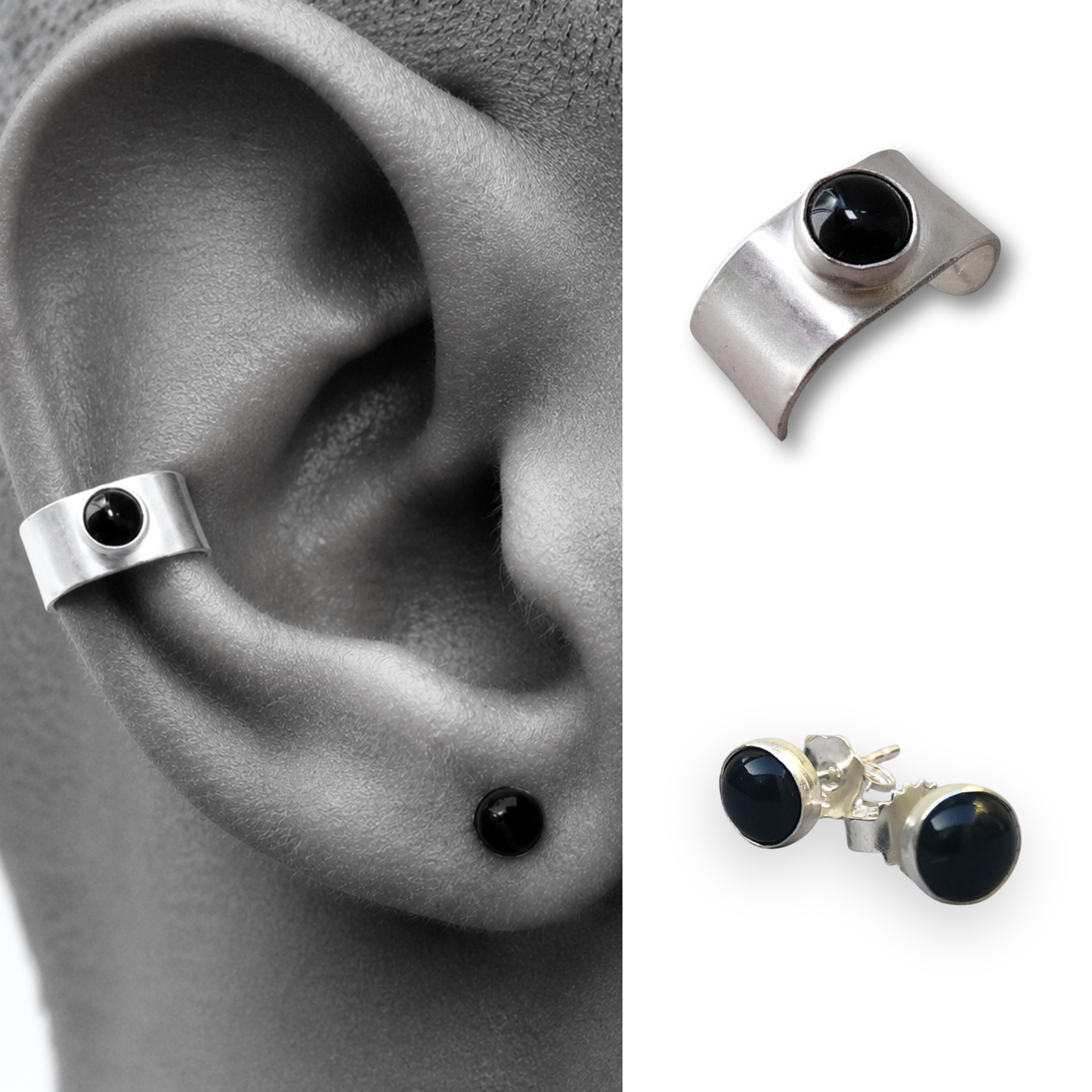 Zilveren heren ear cuff met Onyx – zonder gaatje