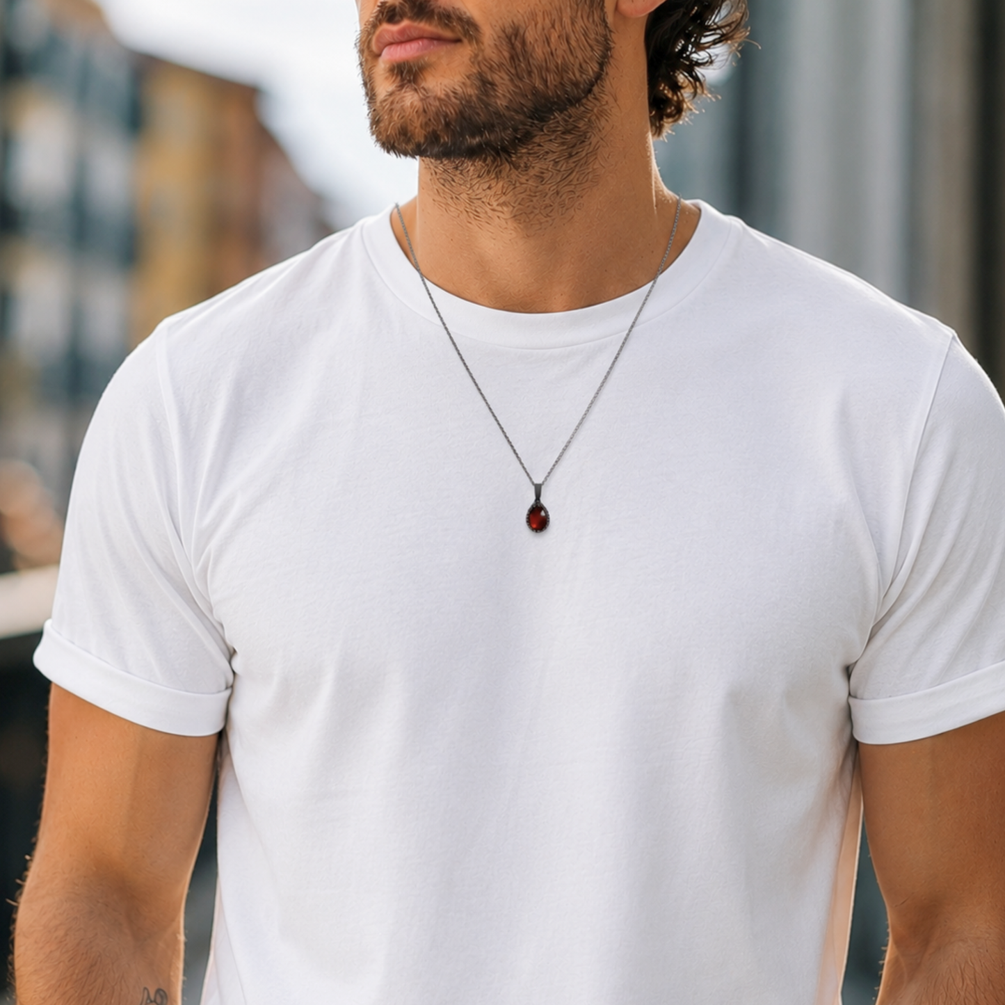 Men's silver necklace with Hessonite gemstone pendant