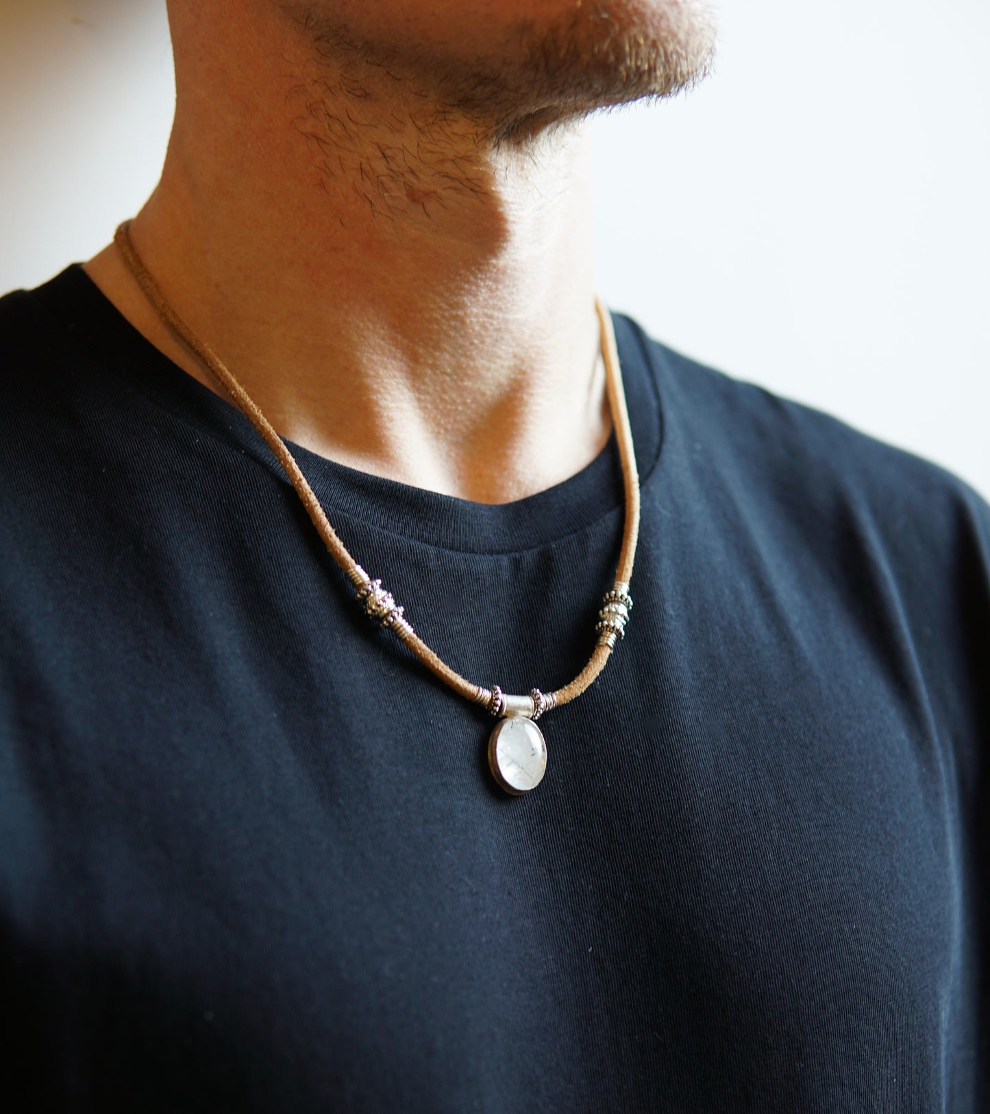 Men's Necklace - Leather Chain with Silver Tourmaline Quartz Pendant