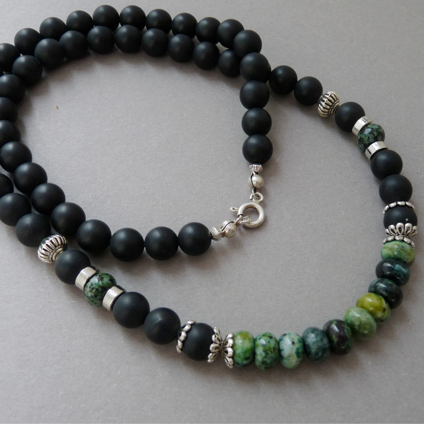 Men's beaded necklace with natural stone – Chrysocolla and Onyx beads