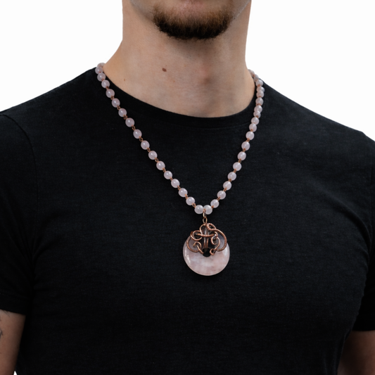 Men's bead necklace with rose quartz donut