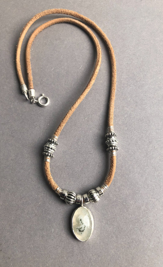 Leather Necklace for Men with Dendrite Agate Pendant