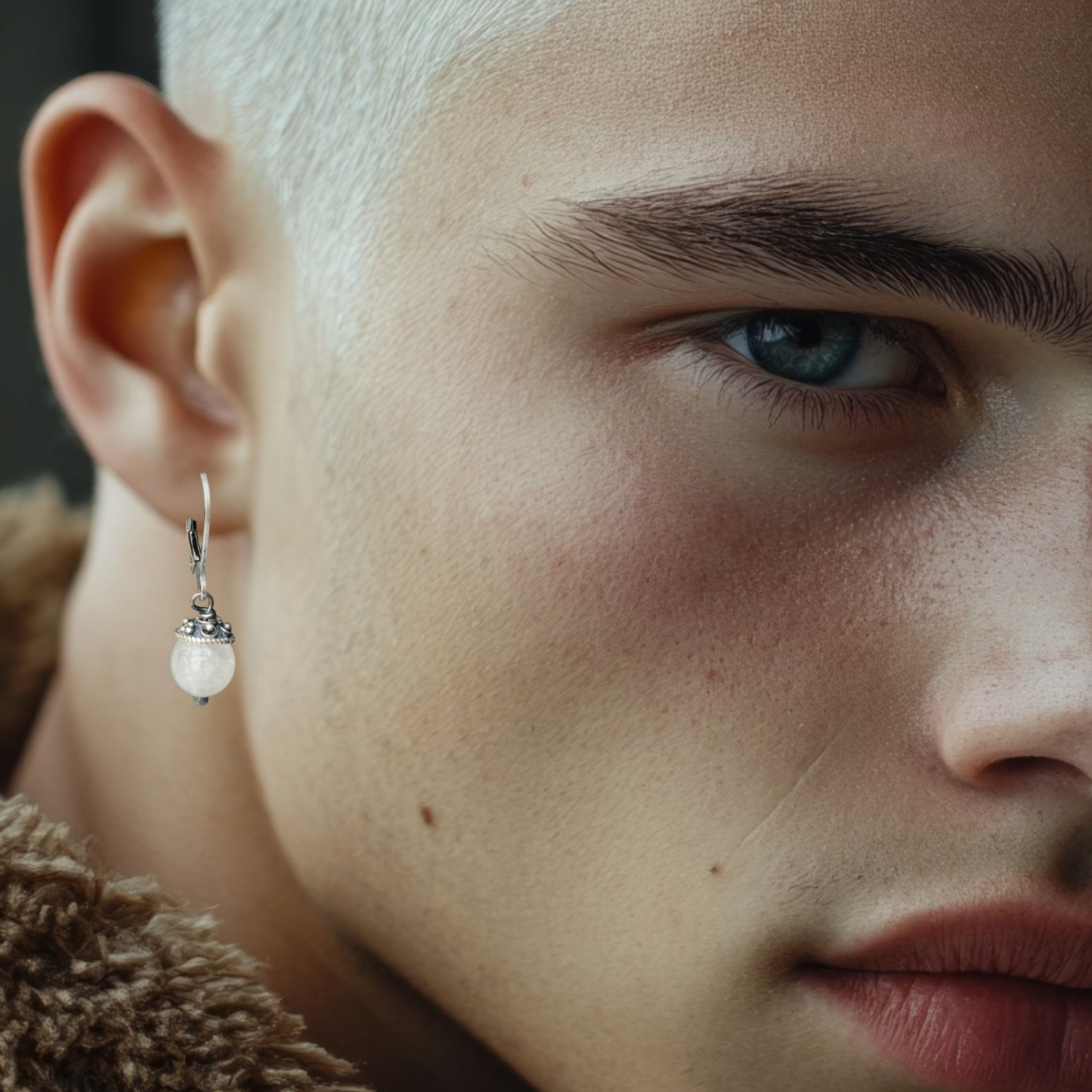 Zilveren heren oorbellen met Maansteen, haakjes oorbellen voor mannen