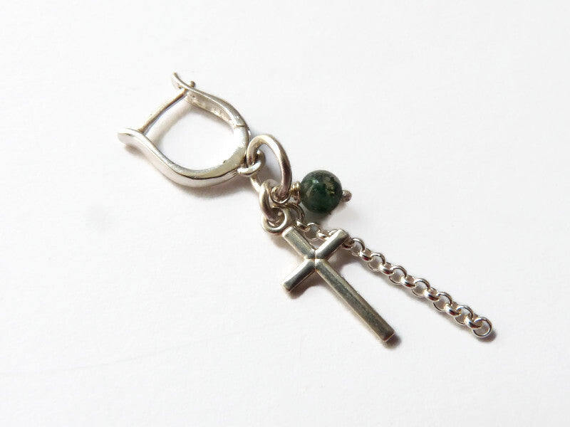 Men's silver earring with cross and tree agate bead – 4 cm