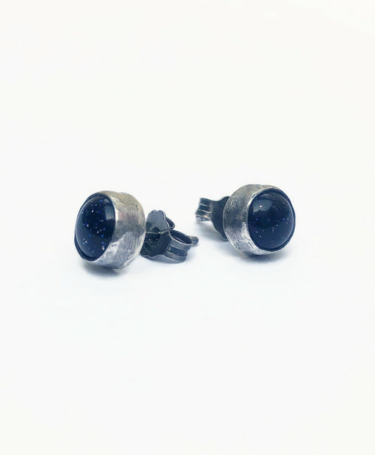 Sterling Silver Men's Stud Earrings with Blue Sunstone