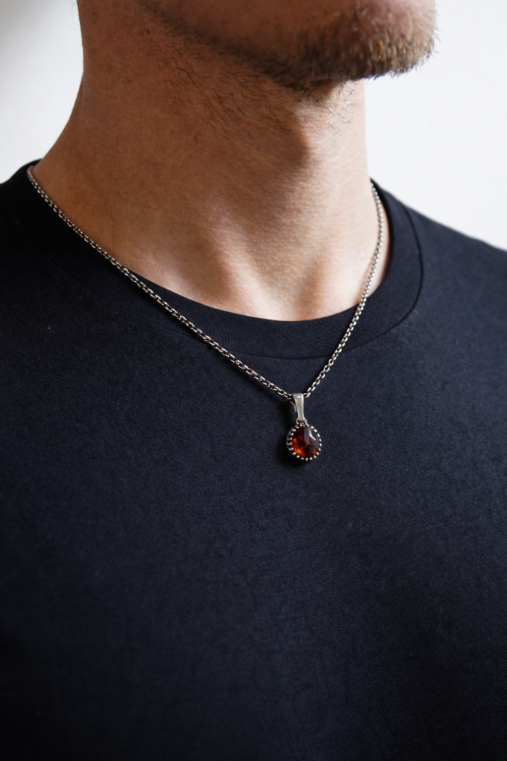 Men's silver necklace with Hessonite gemstone pendant