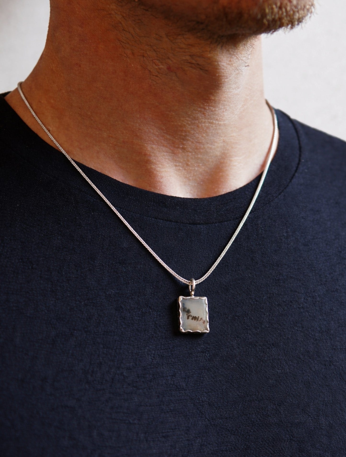 Men's necklace with gemstone pendant – Montana moss agate on silver foxtail