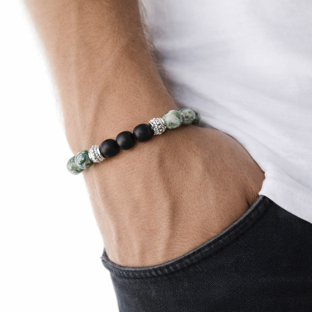 Kralen armband voor heren met natuursteen – boomagaat en onyx