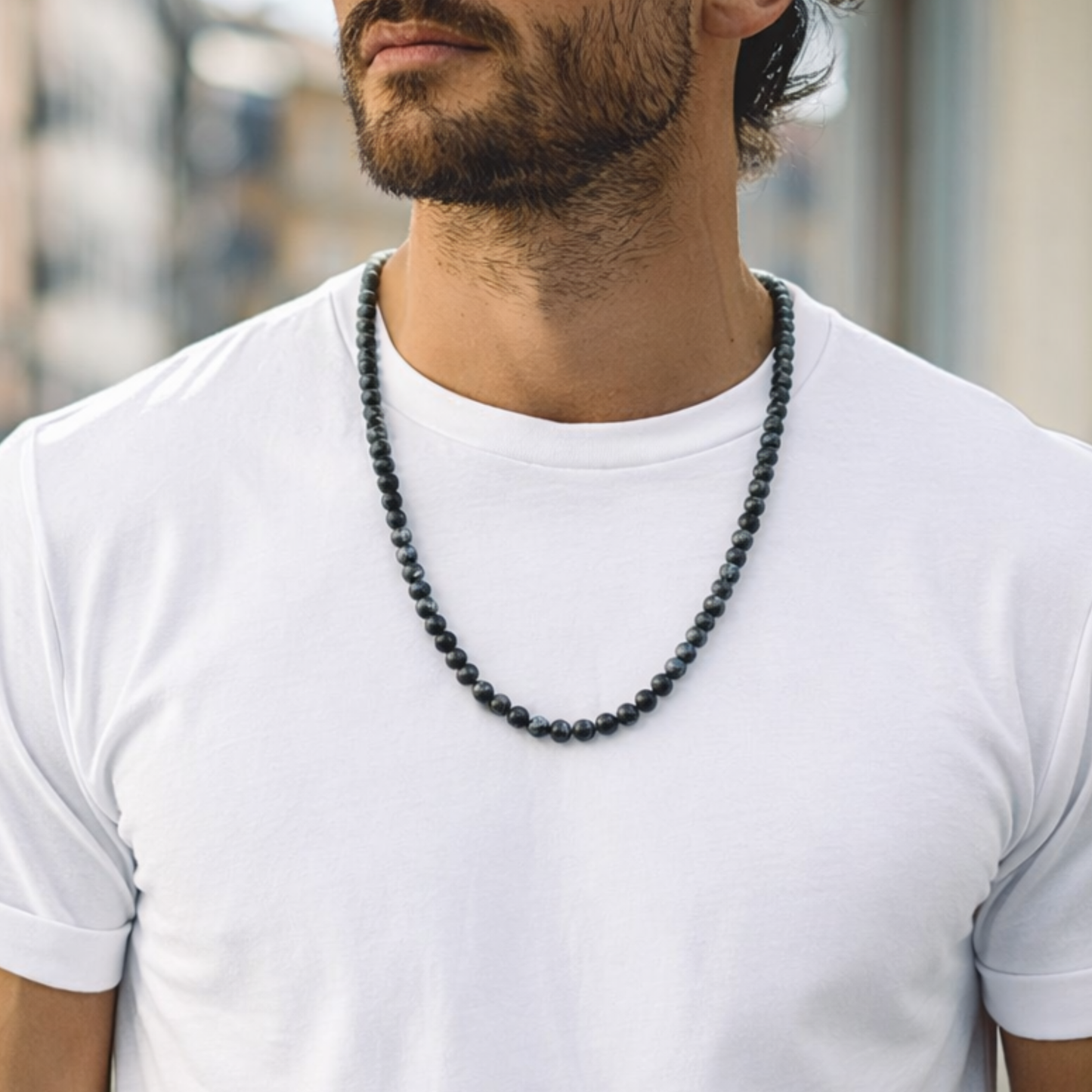Men's beaded necklace with natural stone - Larvikite necklace for men
