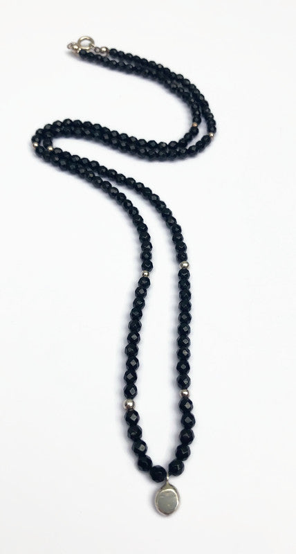 Black Onyx Men's Necklace with Silver Beads