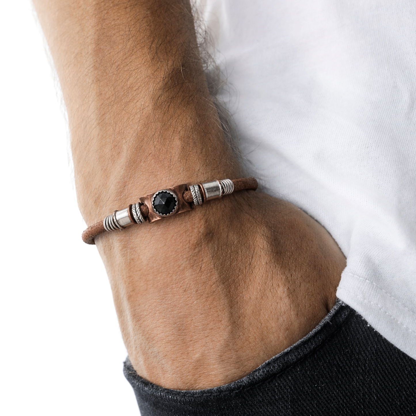 Handgemaakte leren heren armband met onyx, zilver en koper