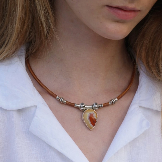 Women's necklace – leather cord necklace with Botswana Agate pendant
