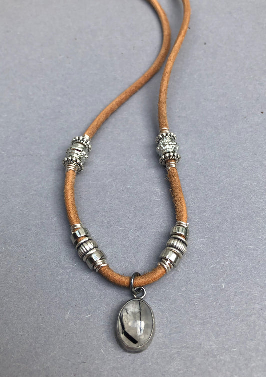 Handmade Leather Men's Necklace with Silver Tourmaline Quartz Pendant