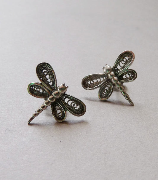 Silver Dragonfly earrings in filigree, earrings in dark silver