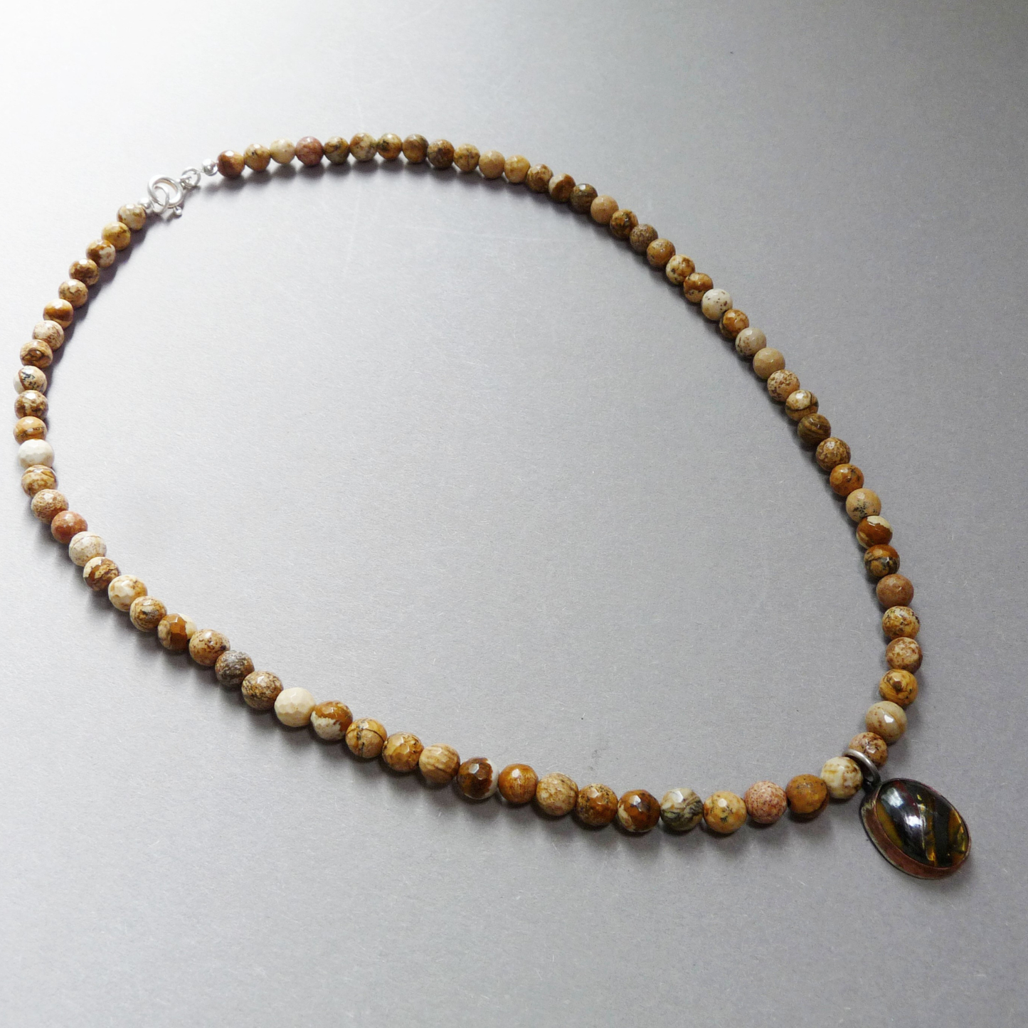Men's Beaded Necklace with Pendant - Landscape Jasper and Tiger Iron