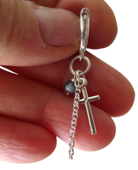 Men's silver earring with cross and tree agate bead – 4 cm