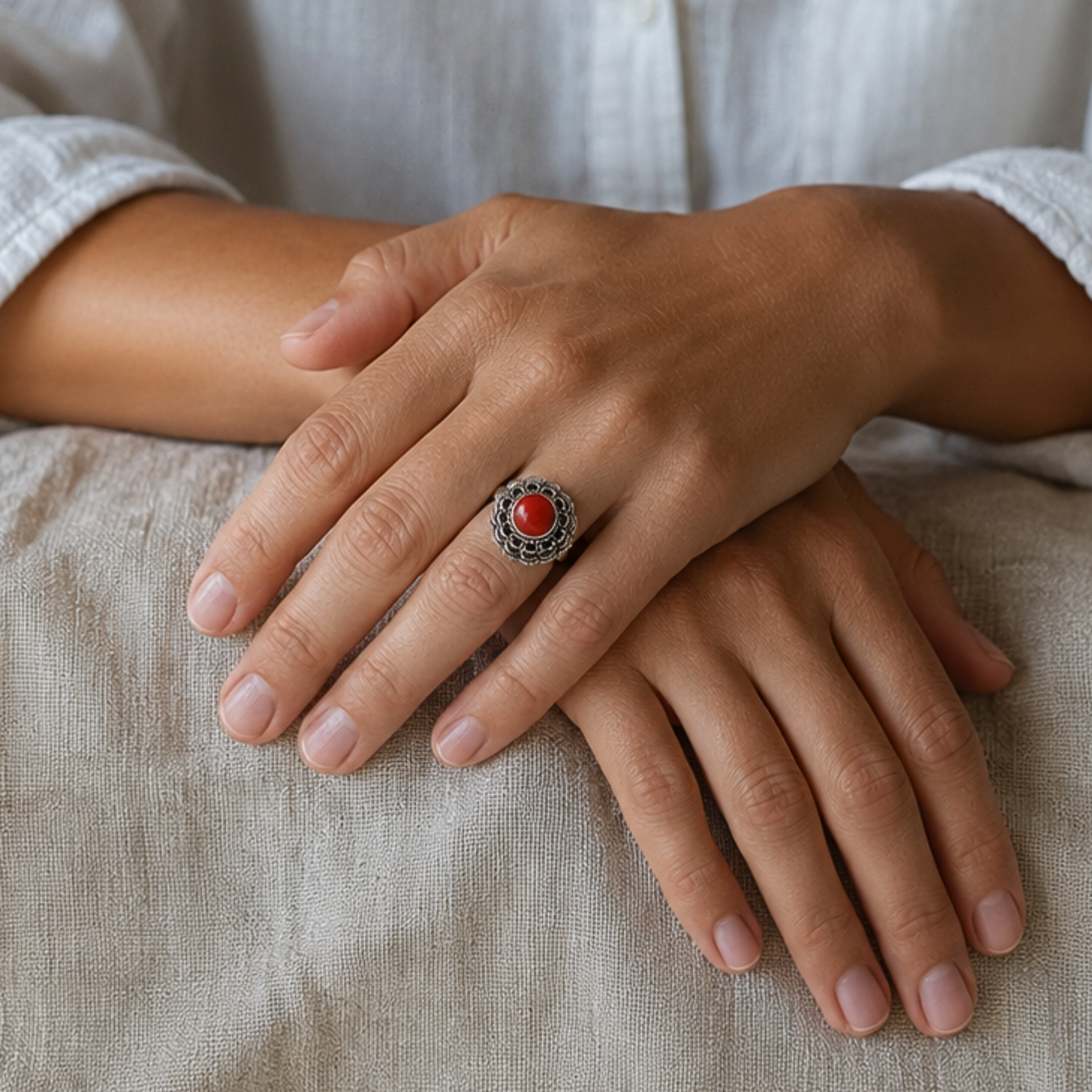 Vintage zilveren ring met Bloedkoraal