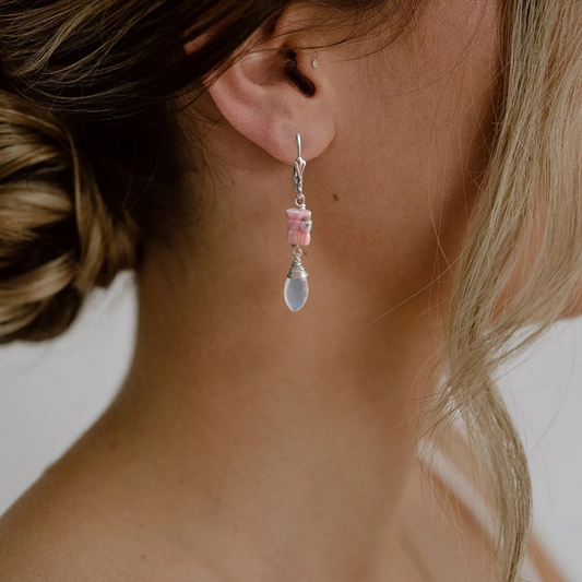 Silver bridal earrings with Rose Quartz &amp; Rhodochrosite – soft pink &amp; meaningful