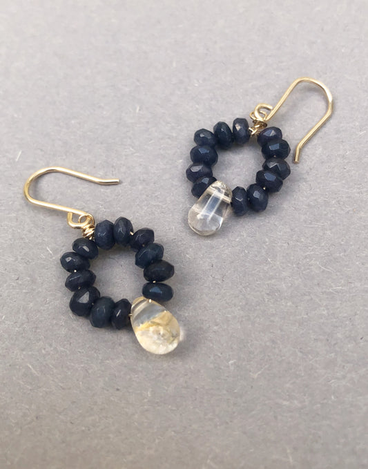 Elegant 14k Goldfilled Earrings with Blue Jade and Rutilated Quartz