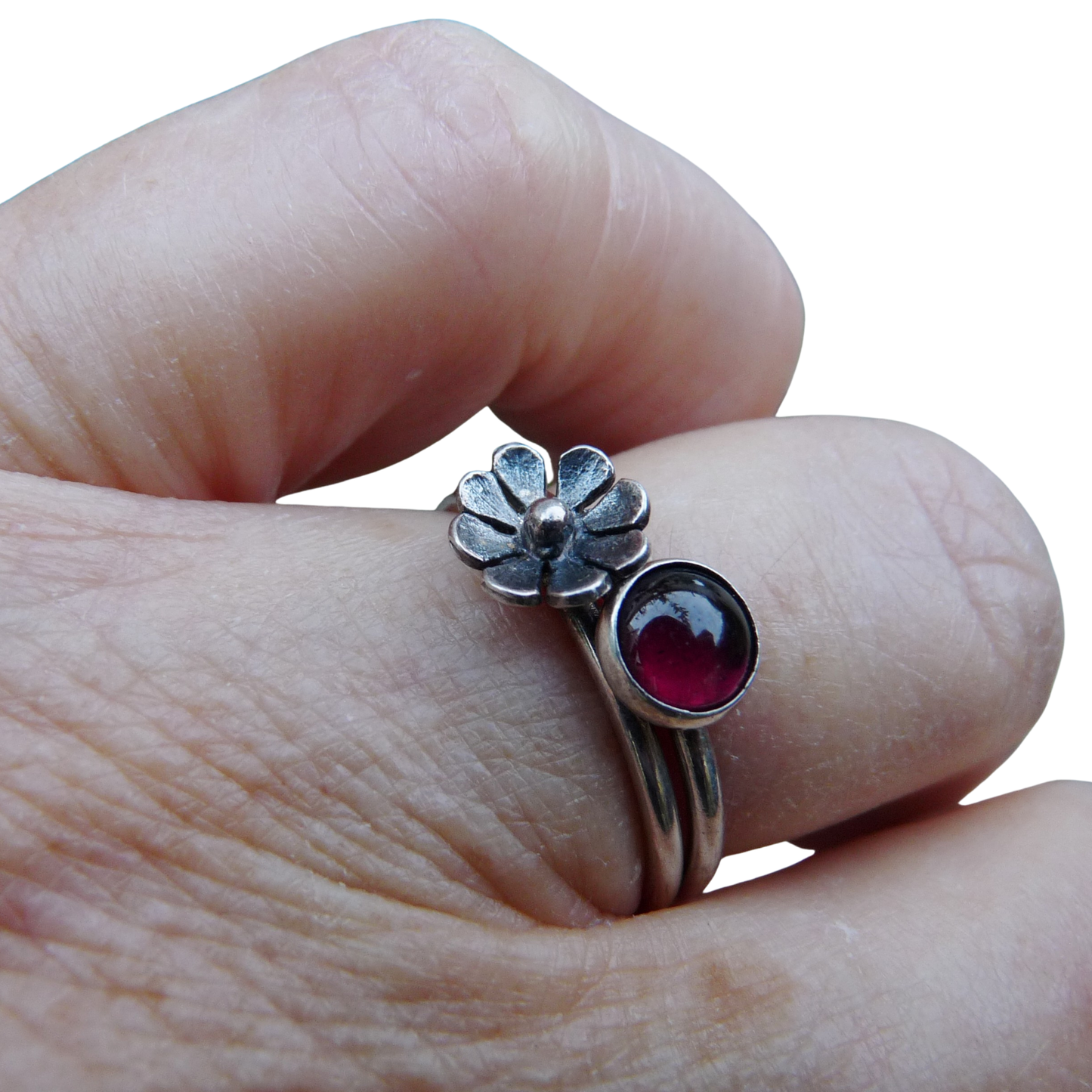 Zilveren stapelring met granaat – Handgemaakt