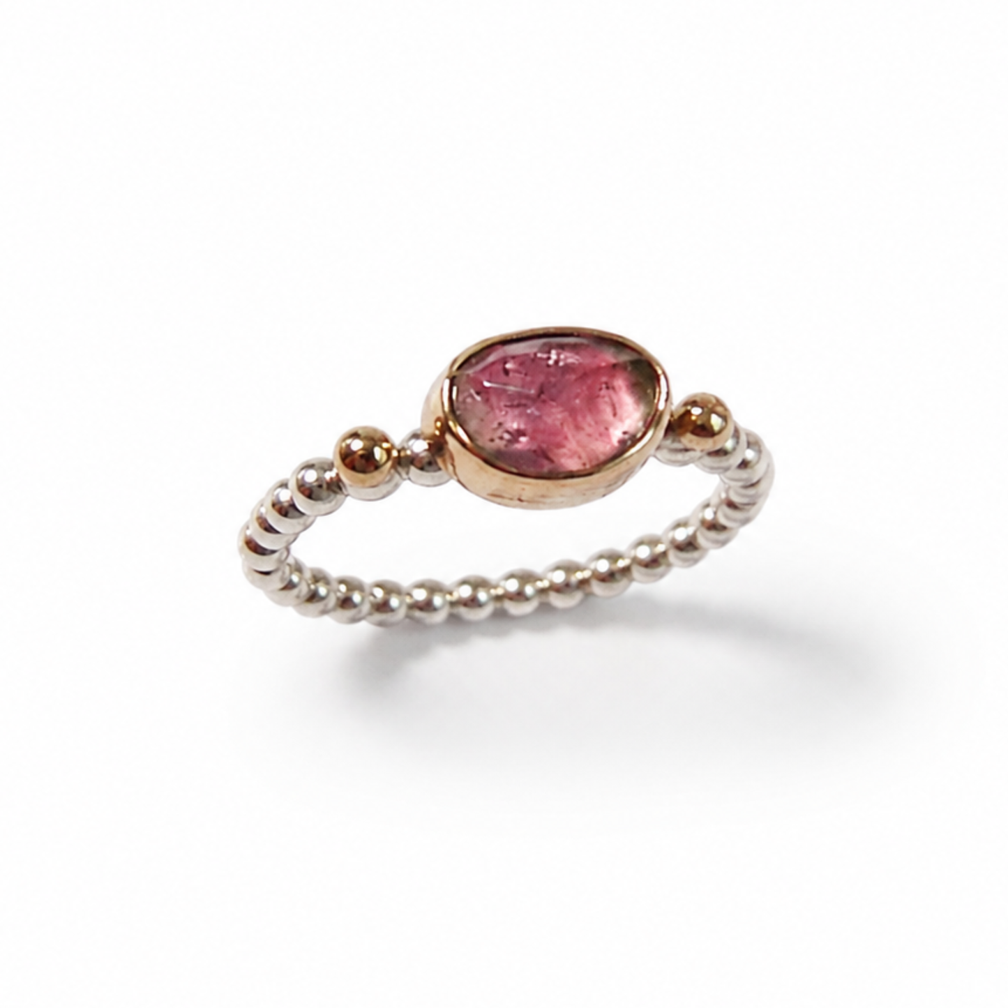 Stacking ring in silver and gold with watermelon tourmaline