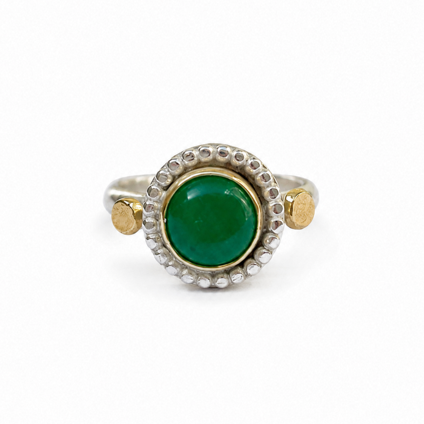 14kt gold and silver handmade ring with green Jade
