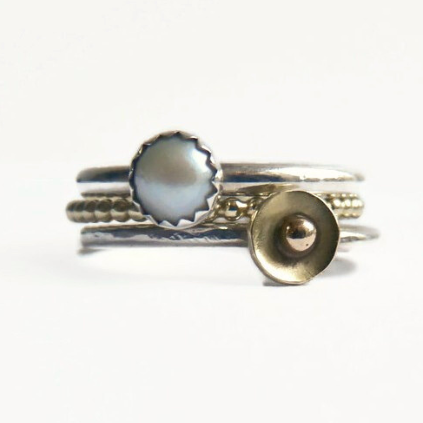 Stapelringen set van zilver en 14k goud met parel – Handgemaakt | Zonlicht Set