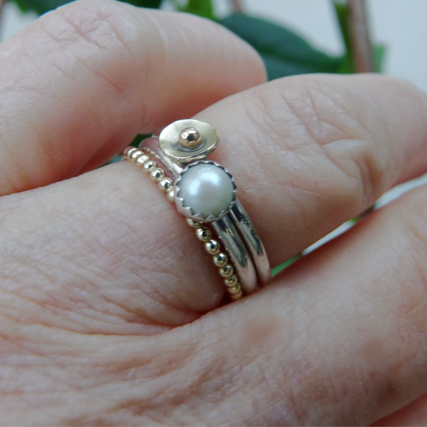 Stapelringen set van zilver en 14k goud met parel – Handgemaakt | Zonlicht Set