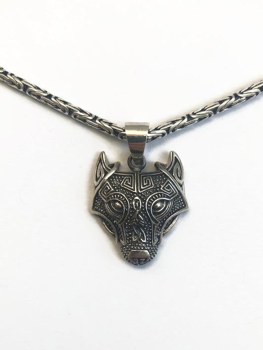 Silver Byzantine Mens Necklace with Wolf Head Pendant