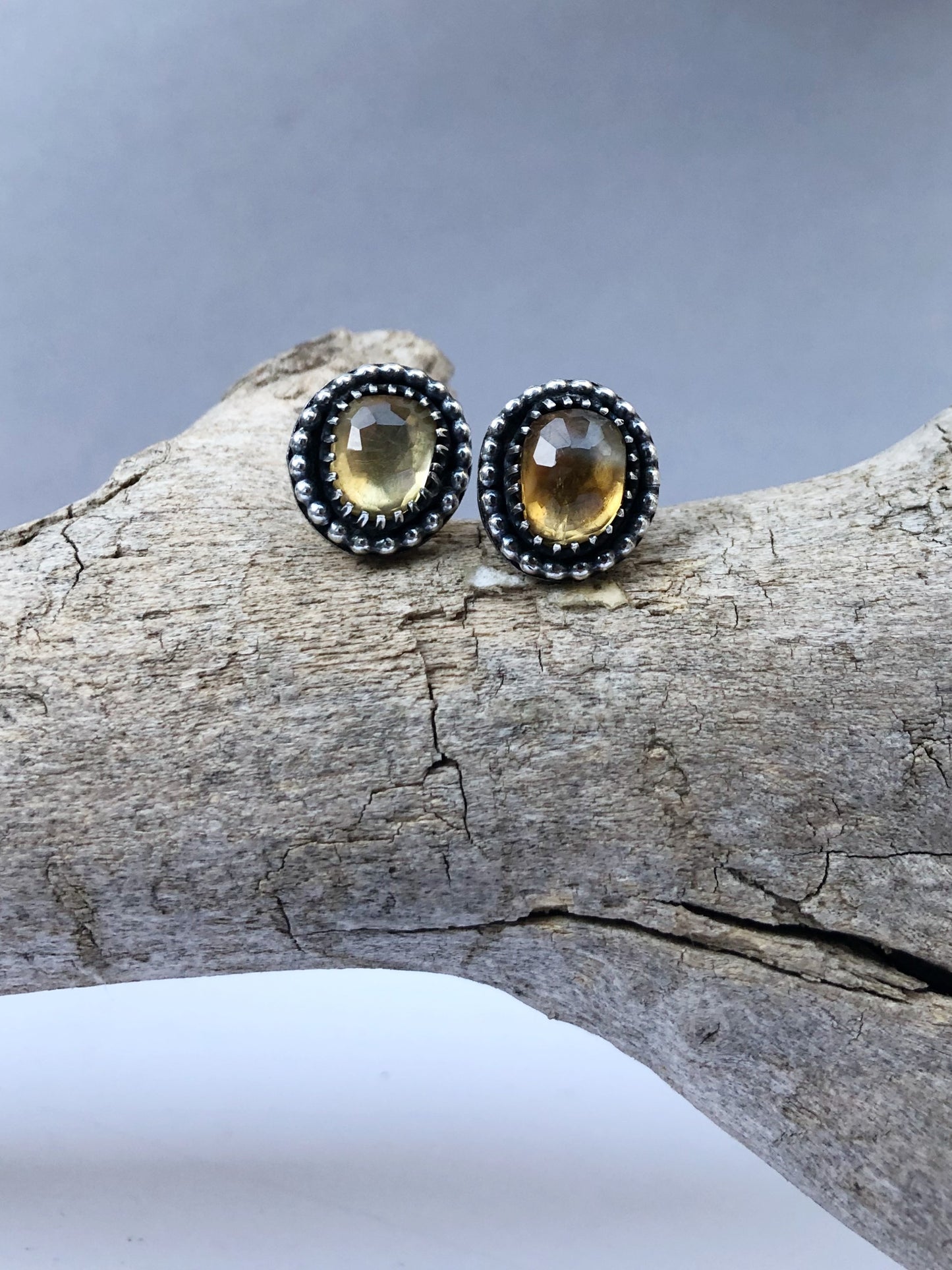 Vintage Citrine Stud Earrings in Oxidized Silver