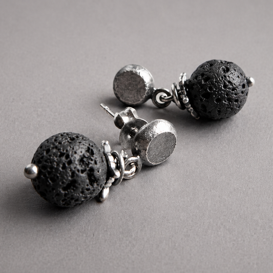 Cool men's earrings - raw silver studs with Lava • Raw Silver Line
