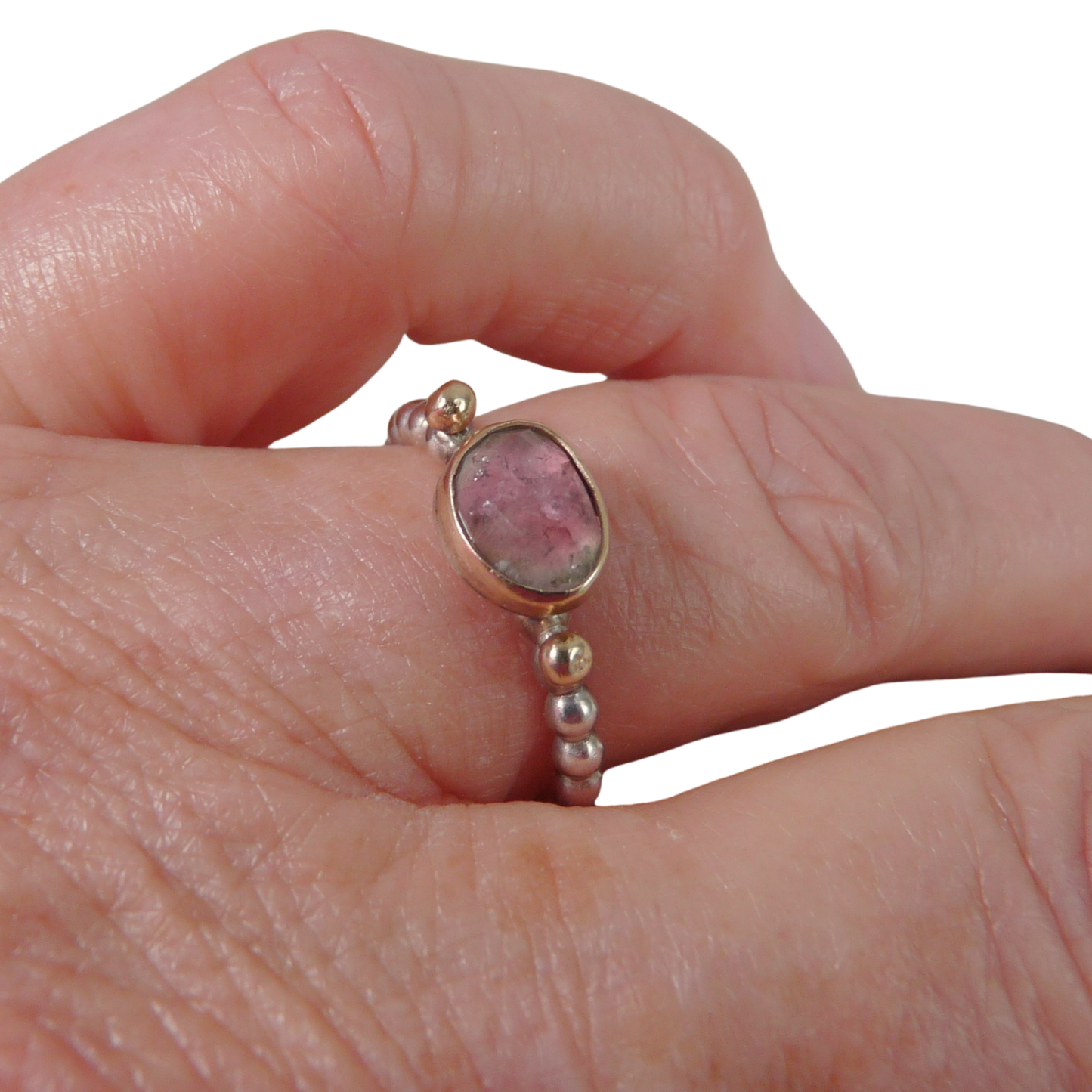 Stacking ring in silver and gold with watermelon tourmaline