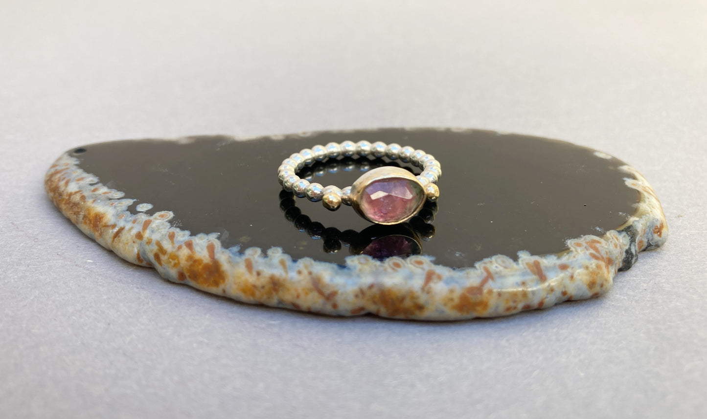 Sliding ring silver and gold with Strawberry Quartz Tourmaline