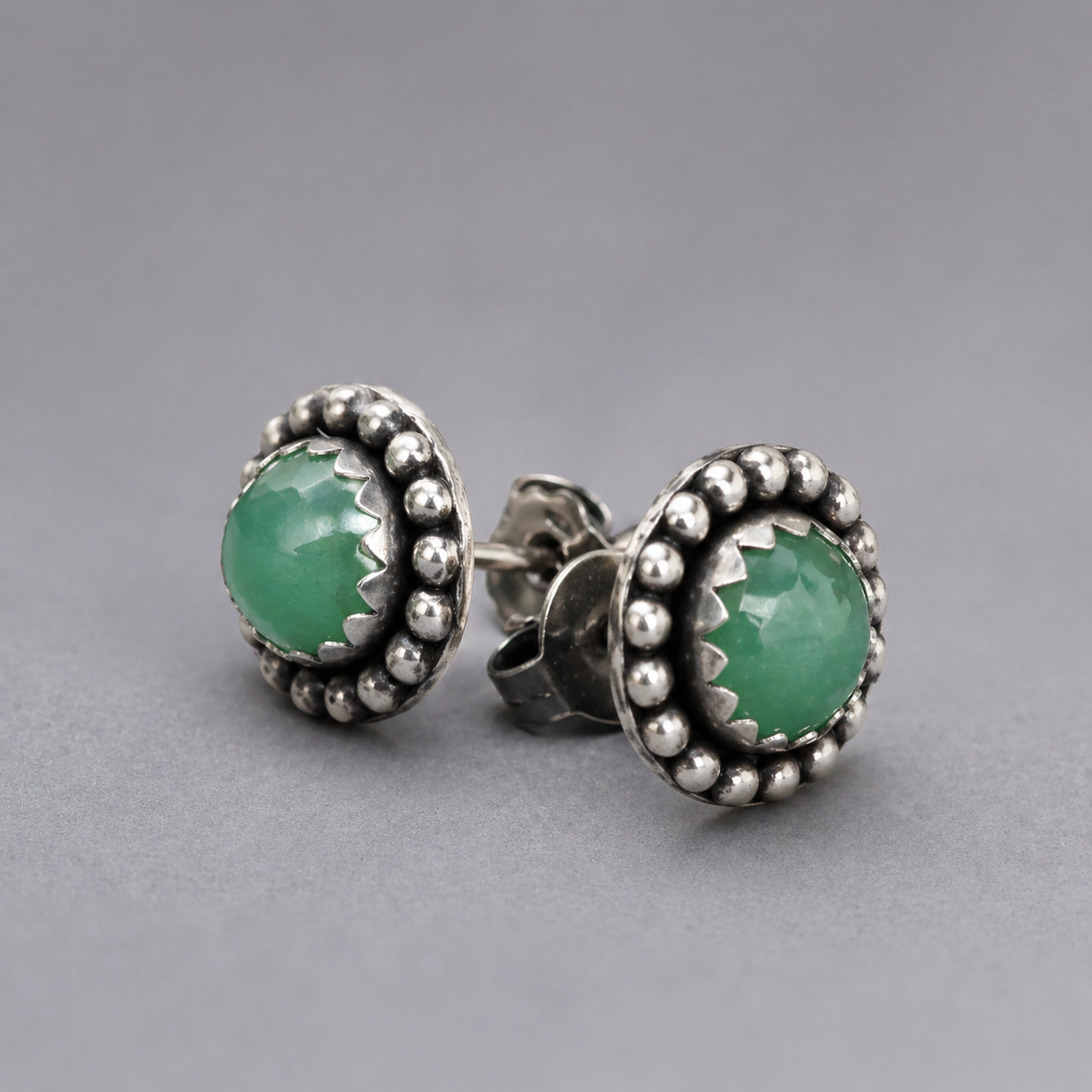 Silver Aventurine Stud Earrings – Handmade Minimalist Earrings