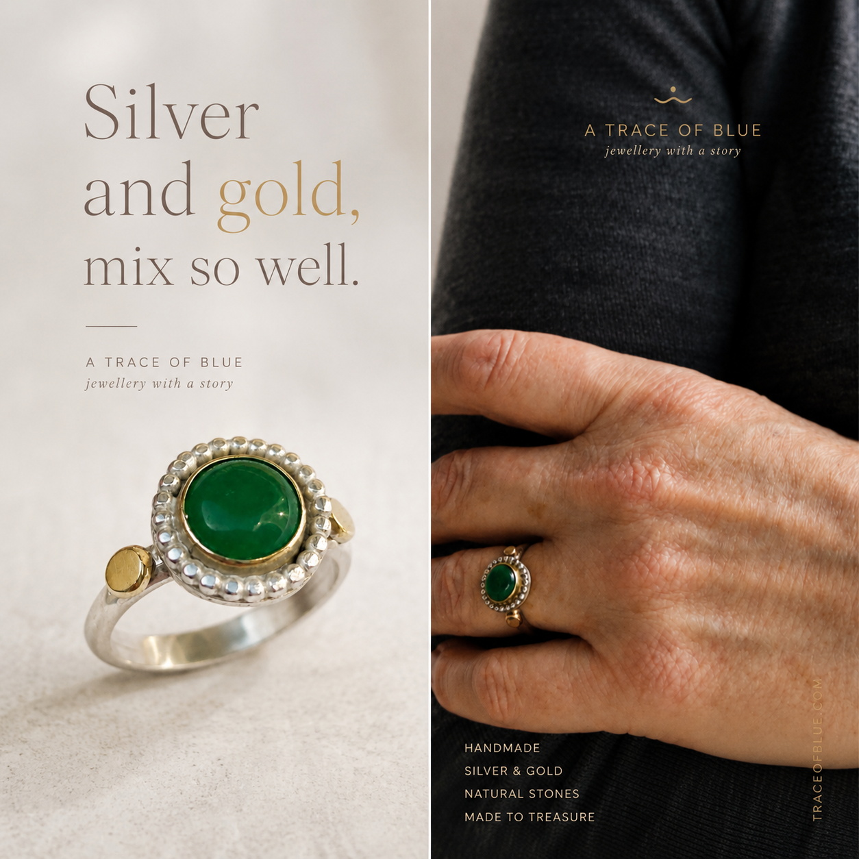 14kt gold and silver handmade ring with green Jade