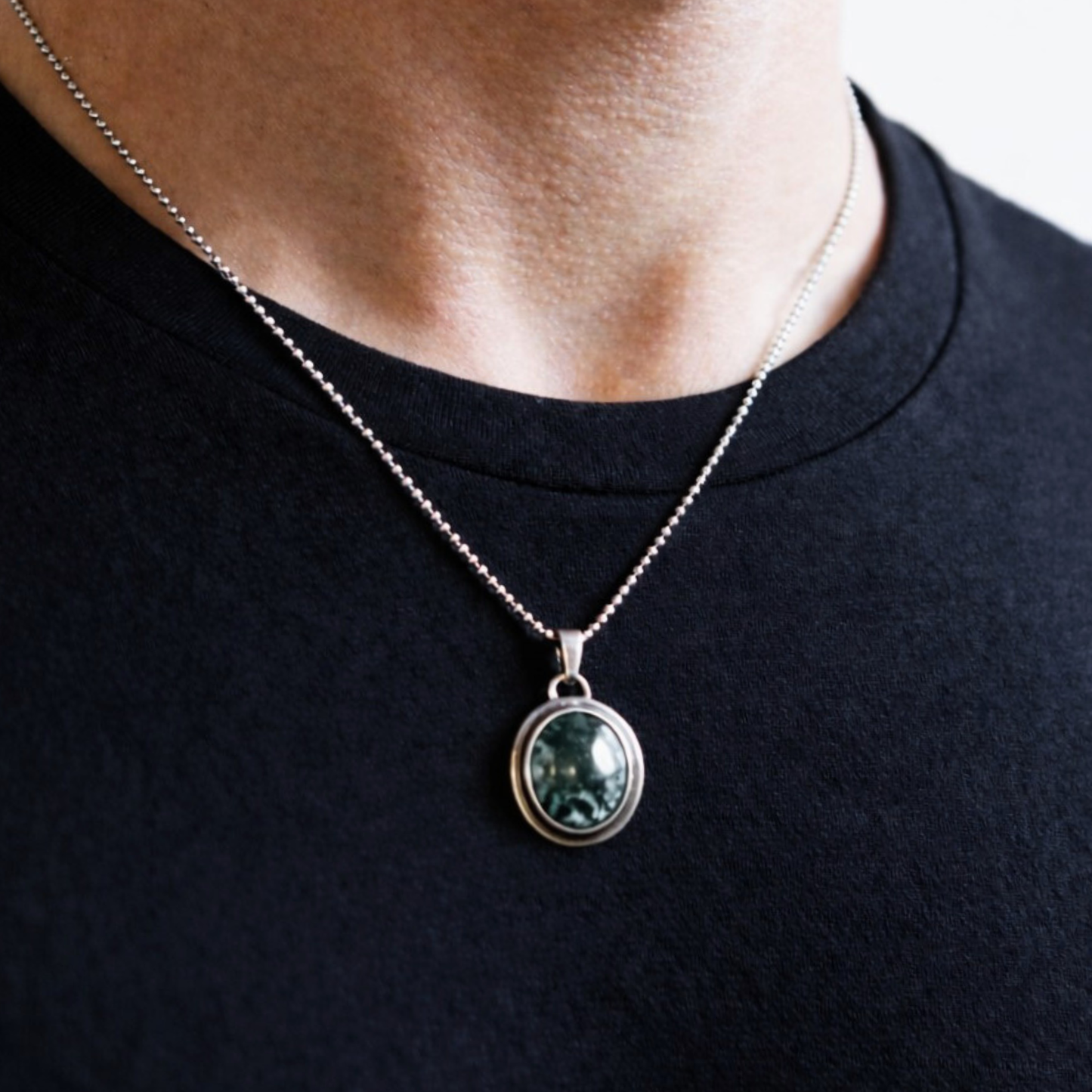 Men's silver necklace with tree agate pendant