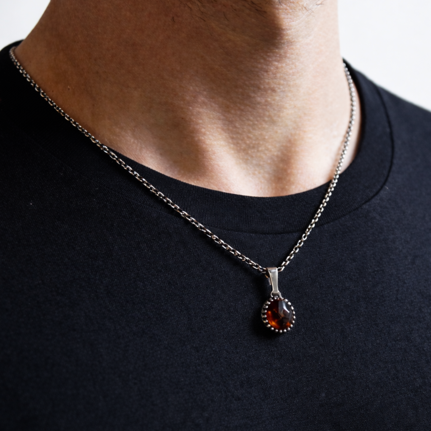 Men's silver necklace with Hessonite gemstone pendant