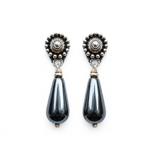 Silver men's earrings with hematite - stud earrings for men (each)