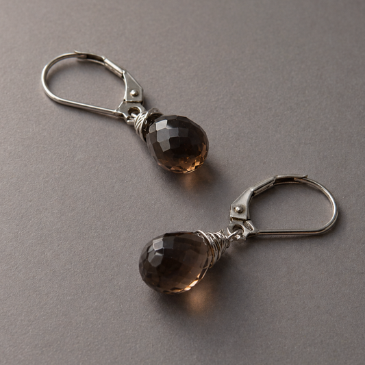 Men's silver earrings with smoky quartz drop