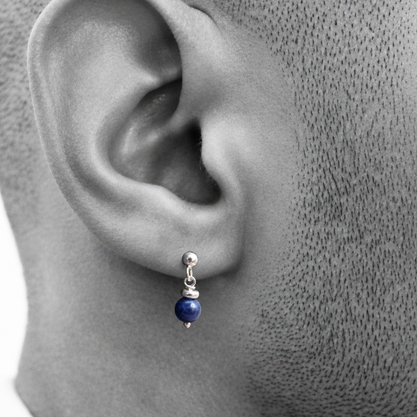 Silver men's stud earrings with Sodalite - minimalist men's earrings (each)